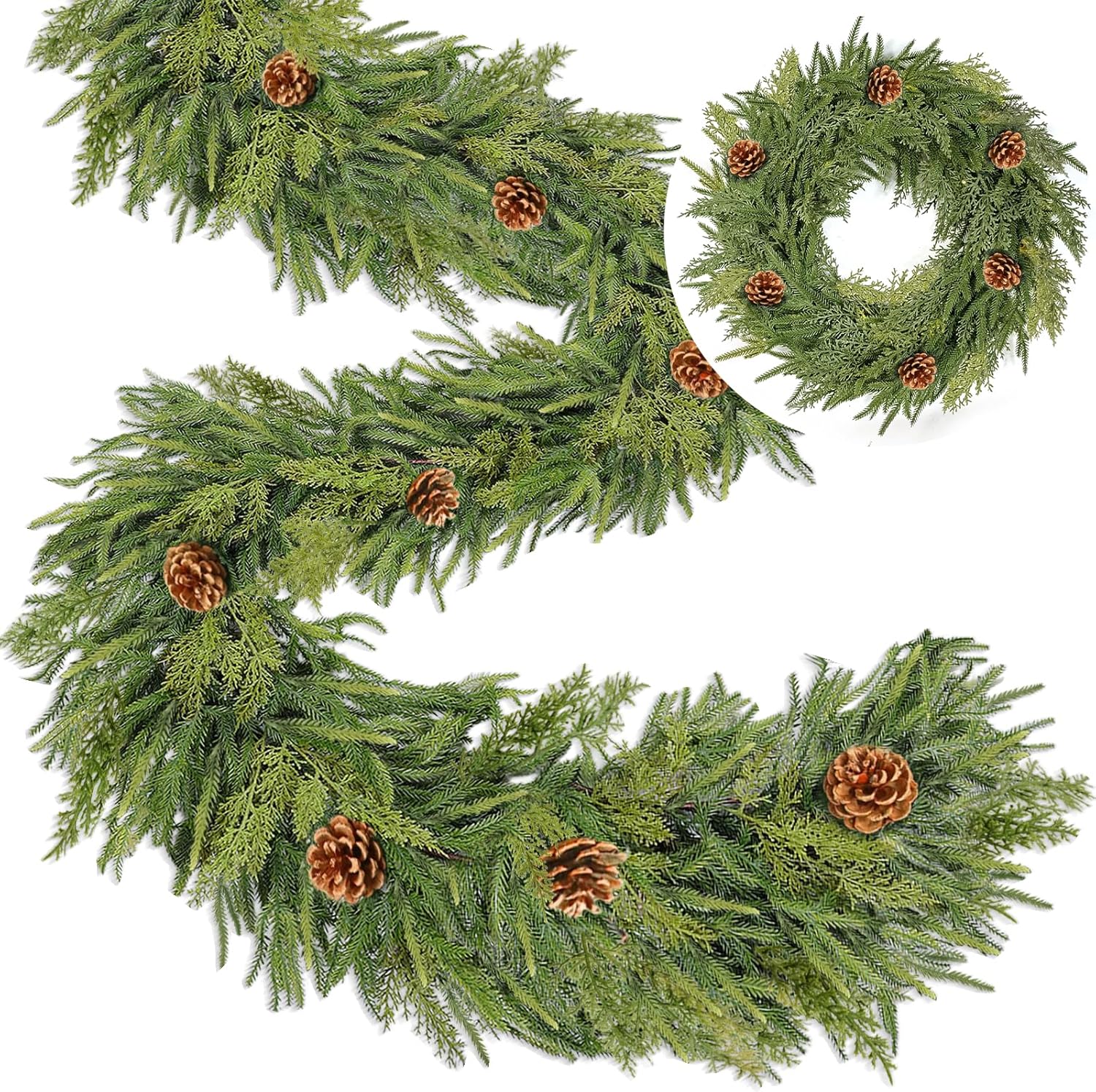 Extra Thick&Lush-6 Ft by 10 Inch Real Touch Norfolk Pine Garland,Christmas Garland Artificial Realistic Soft Thickness Greenery Pine Cypress Pinecones Garlands for Mantle Fireplace Home Indoor Outdoor